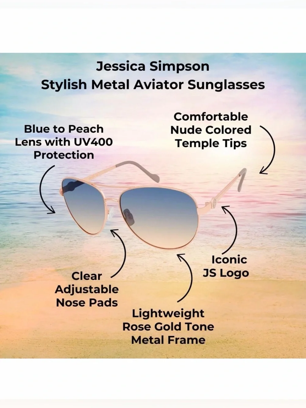 Jessica Simpson J5596 Classic Metal Aviator Sunglasses Rose Gold/Blue